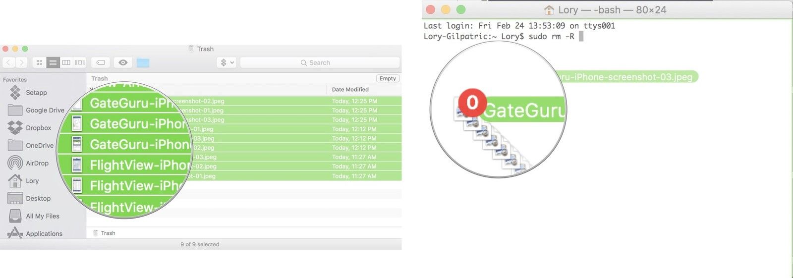 Перетащите файлы из корзины в терминал