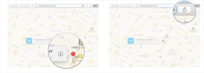 Нажмите закрепленное местоположение, а затем нажмите значок «Поделиться».