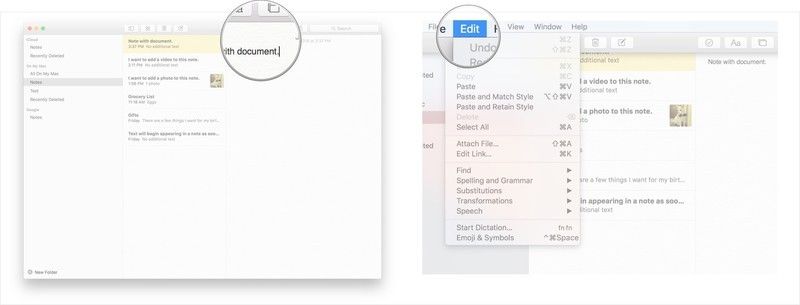 Нажмите в теле заметки и выберите «Редактировать» в строке меню.