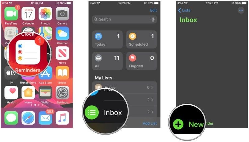 Откройте напоминания, просмотрите список, нажмите «Новое напоминание».