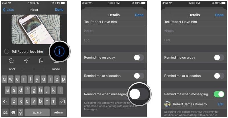 Нажмите на i, чтобы переключить Напоминание при обмене сообщениями, выберите человека