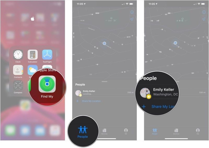 Откройте «Найти мой», нажмите «Люди», нажмите «Друг»