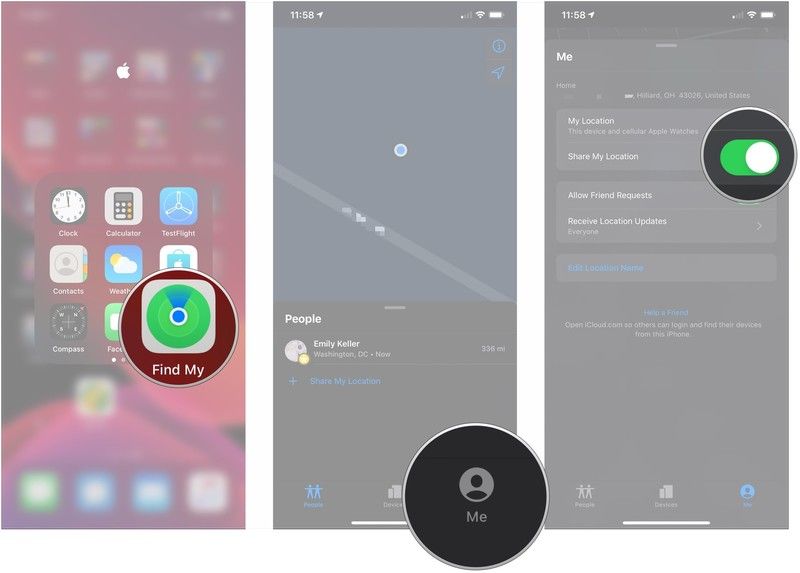 Откройте Find My, нажмите Me, нажмите переключатель