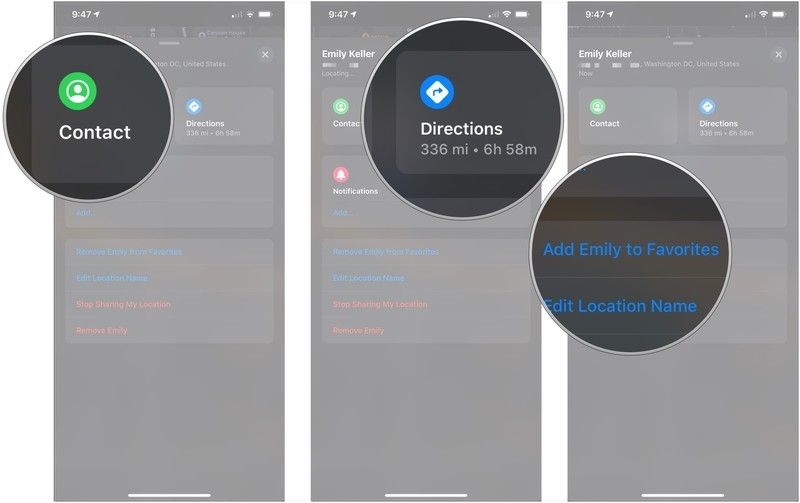 Нажмите «Контакты», нажмите «Направления», нажмите «Добавить имя в избранное».