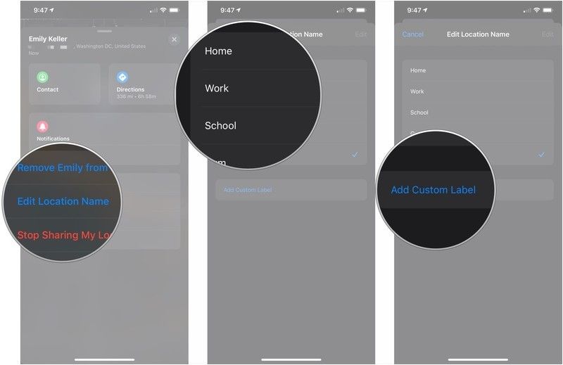 Нажмите «Изменить название местоположения», нажмите метку, нажмите «Добавить метку»