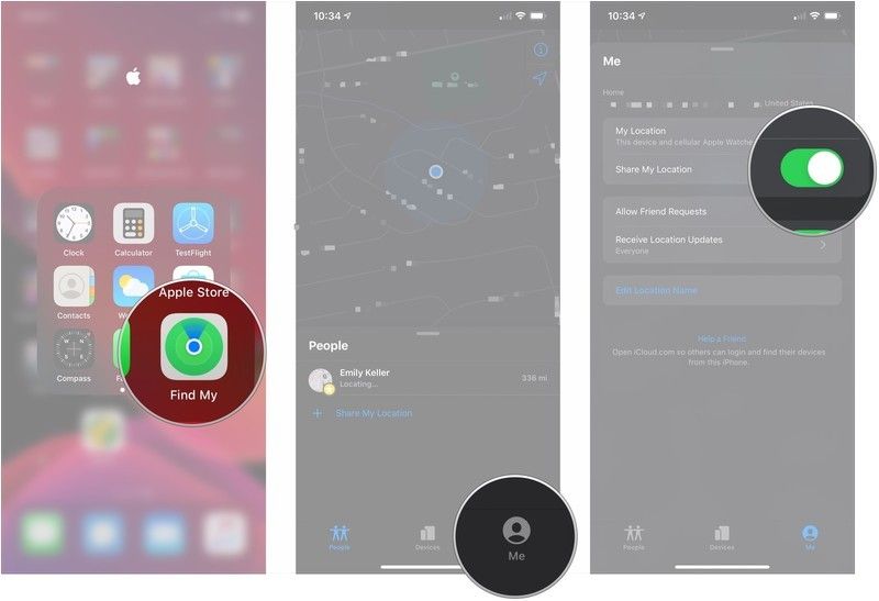 Откройте Find My, нажмите Me, нажмите переключатель
