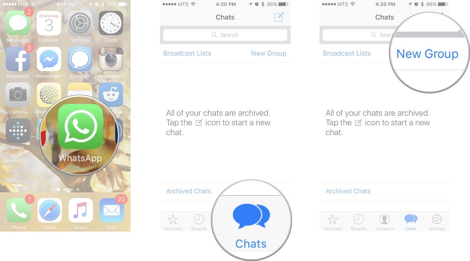 Запустите WhatsApp, нажмите на вкладку Чаты. а затем нажмите на новую группу.