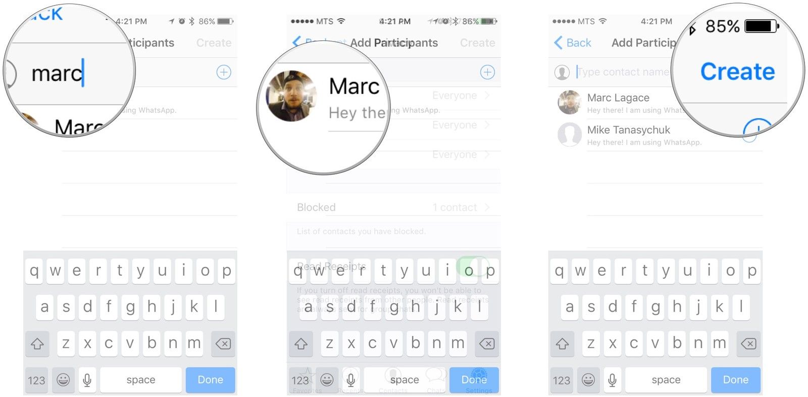 Введите имя контакта для поиска, нажмите на имя контакта, затем нажмите «Создать».
