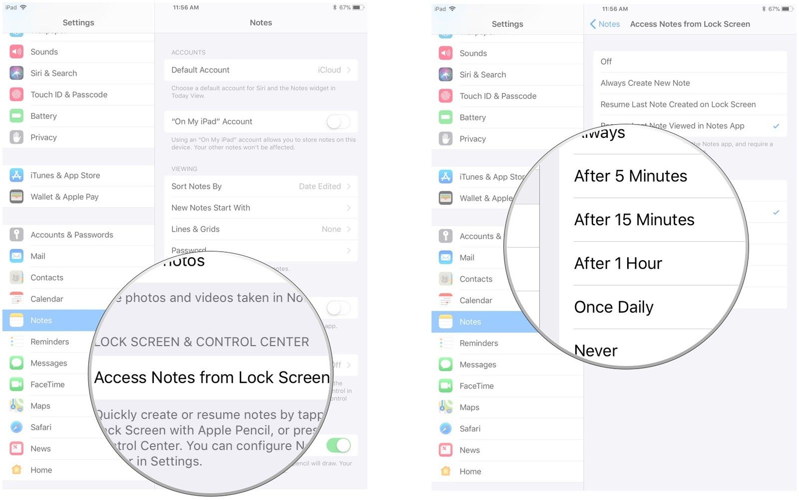 Нажмите Доступ с экрана блокировки, затем выберите продолжительность