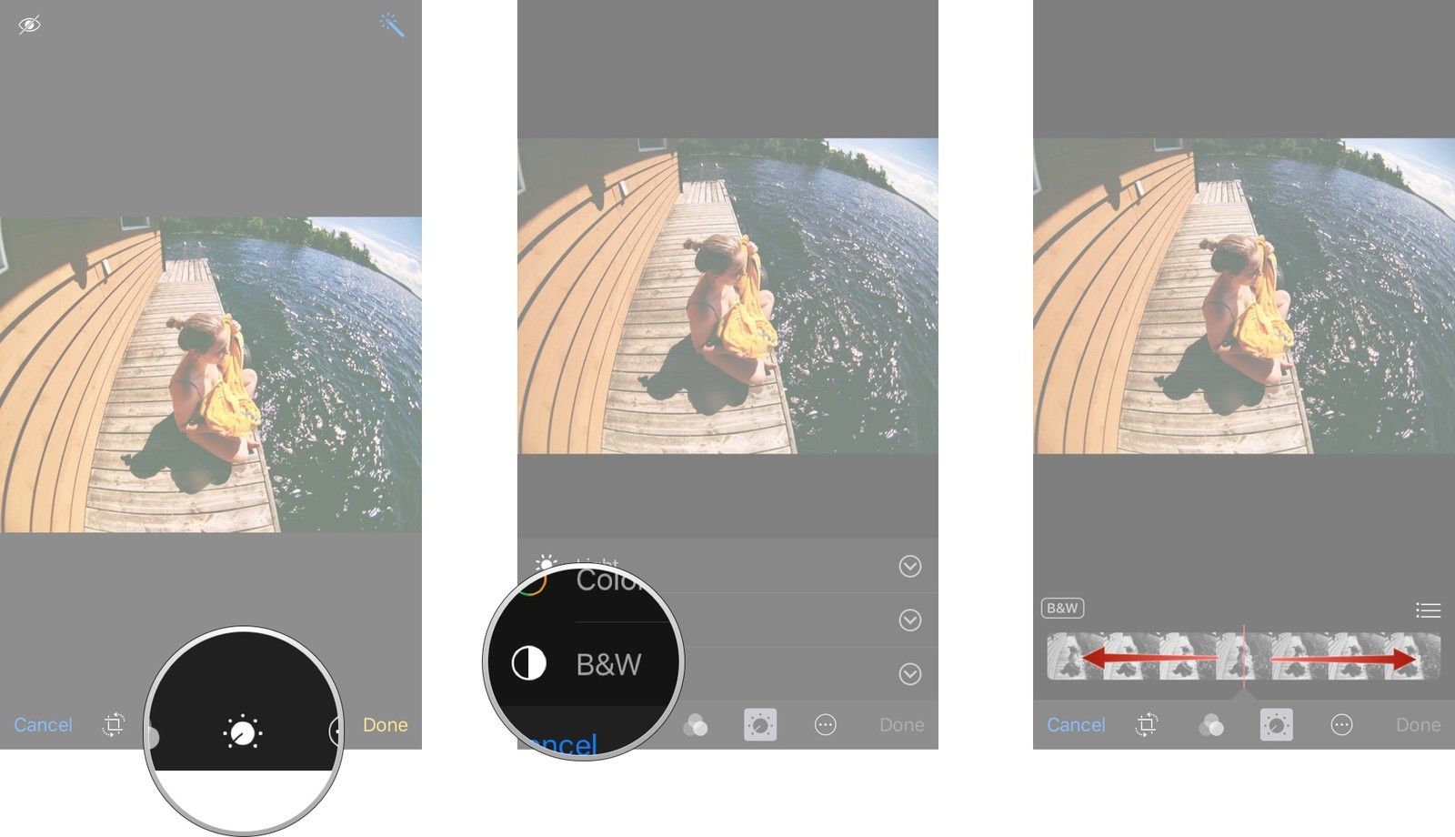Нажмите кнопку настроек. нажмите B & W, проведите пальцем влево и вправо по ползунку, чтобы настроить