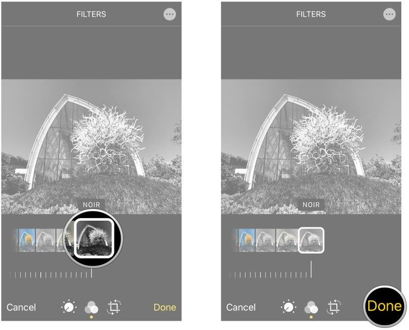 Выберите черно-белый фильтр, нажмите Готово, чтобы сохранить Выберите черно-белый фильтр, нажмите Готово, чтобы сохранить