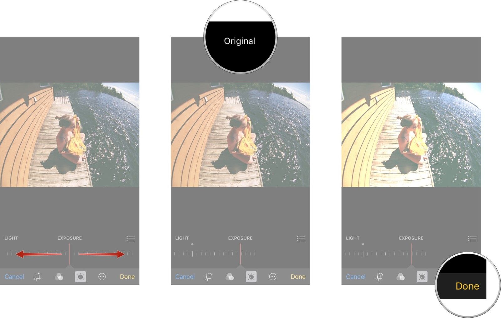 Проведите пальцем влево и вправо для настройки, нажмите и удерживайте, чтобы просмотреть оригинал, нажмите «Готово»