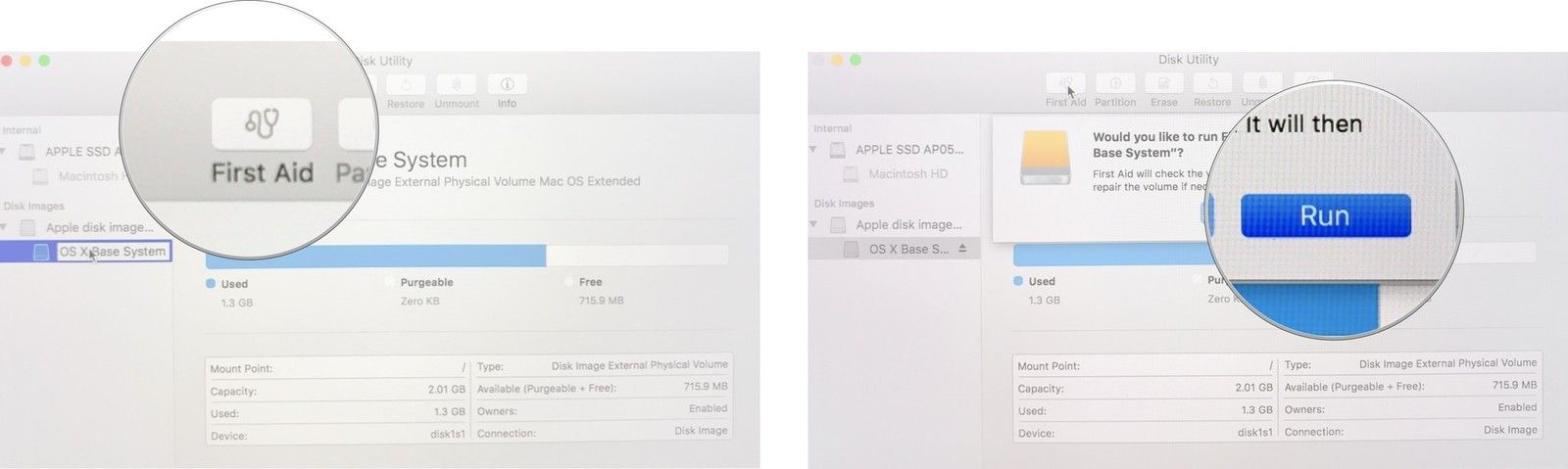 Нажмите кнопку «Первая помощь», затем нажмите «Выполнить»