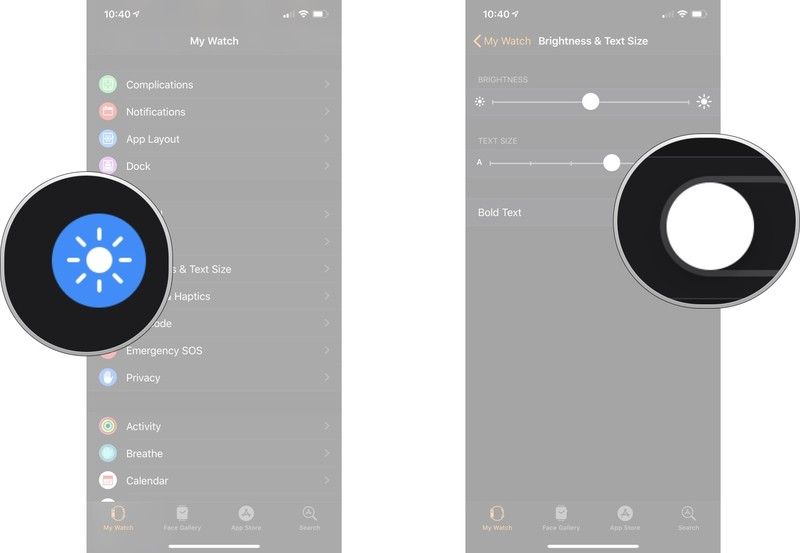Apple Watch меняют яркость и размер текста