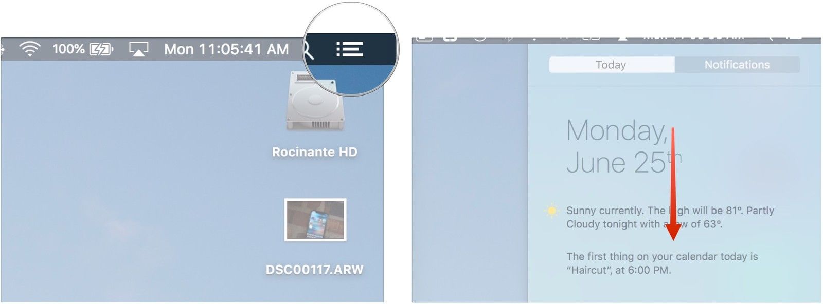 Нажмите значок Центра уведомлений, прокрутите вверх