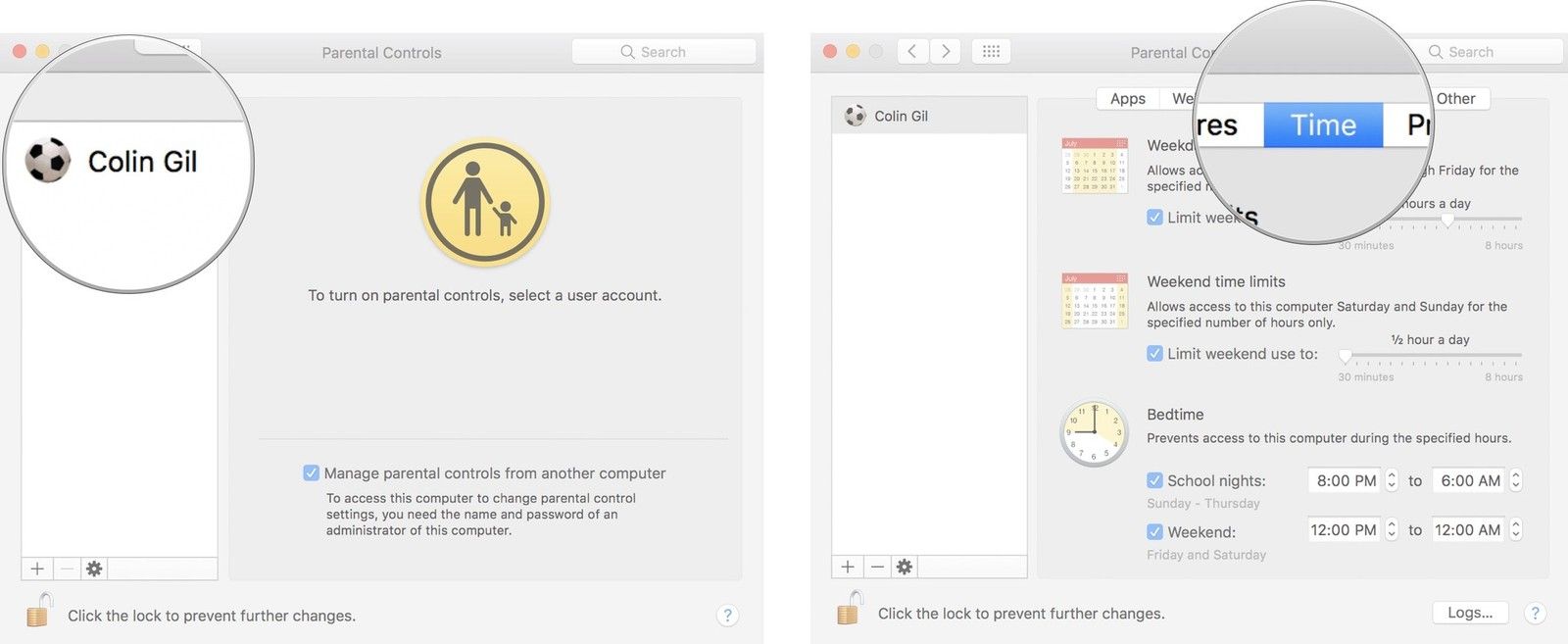 Выберите учетную запись, а затем выберите вкладку времени