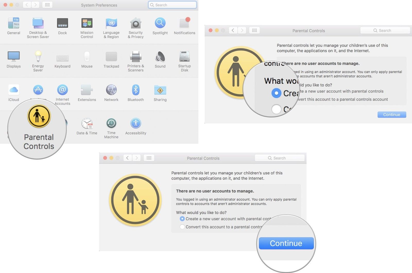 Выберите «Родительский контроль», нажмите «Создать новую учетную запись», затем нажмите «Продолжить».