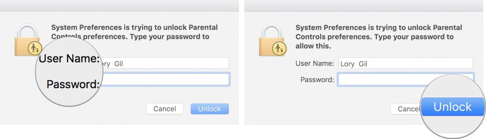 Введите имя пользователя и пароль, затем нажмите разблокировать