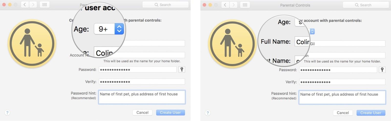 Введите возраст и имя нового пользователя аккаунта