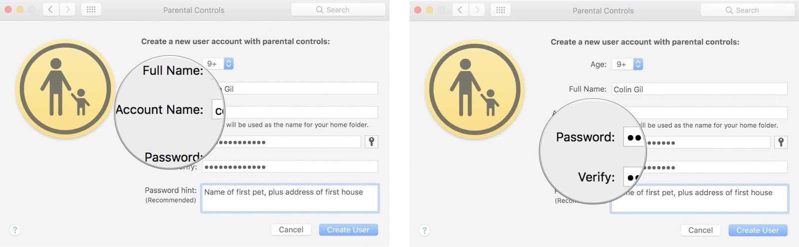 Введите имя пользователя и пароль, и повторите пароль для подтверждения