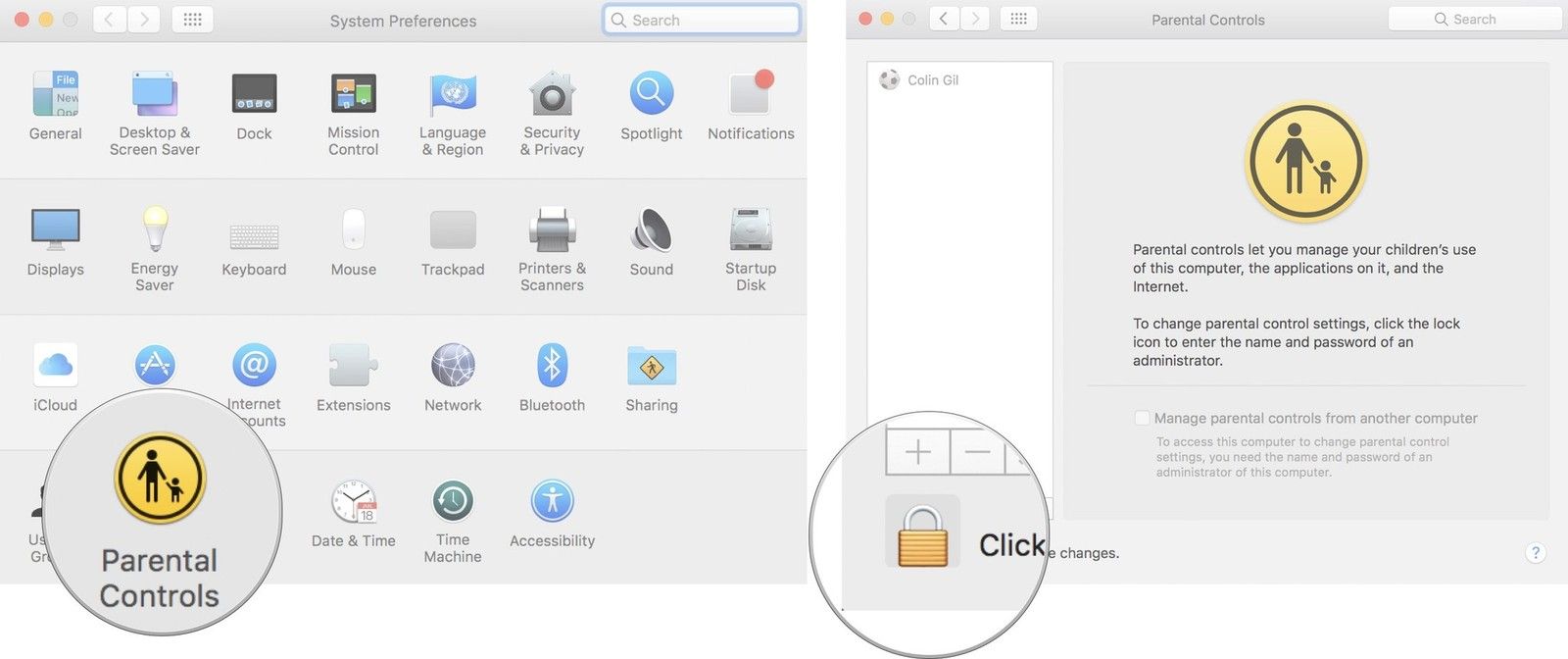 Разблокировка учетной записи с родительским контролем на Mac