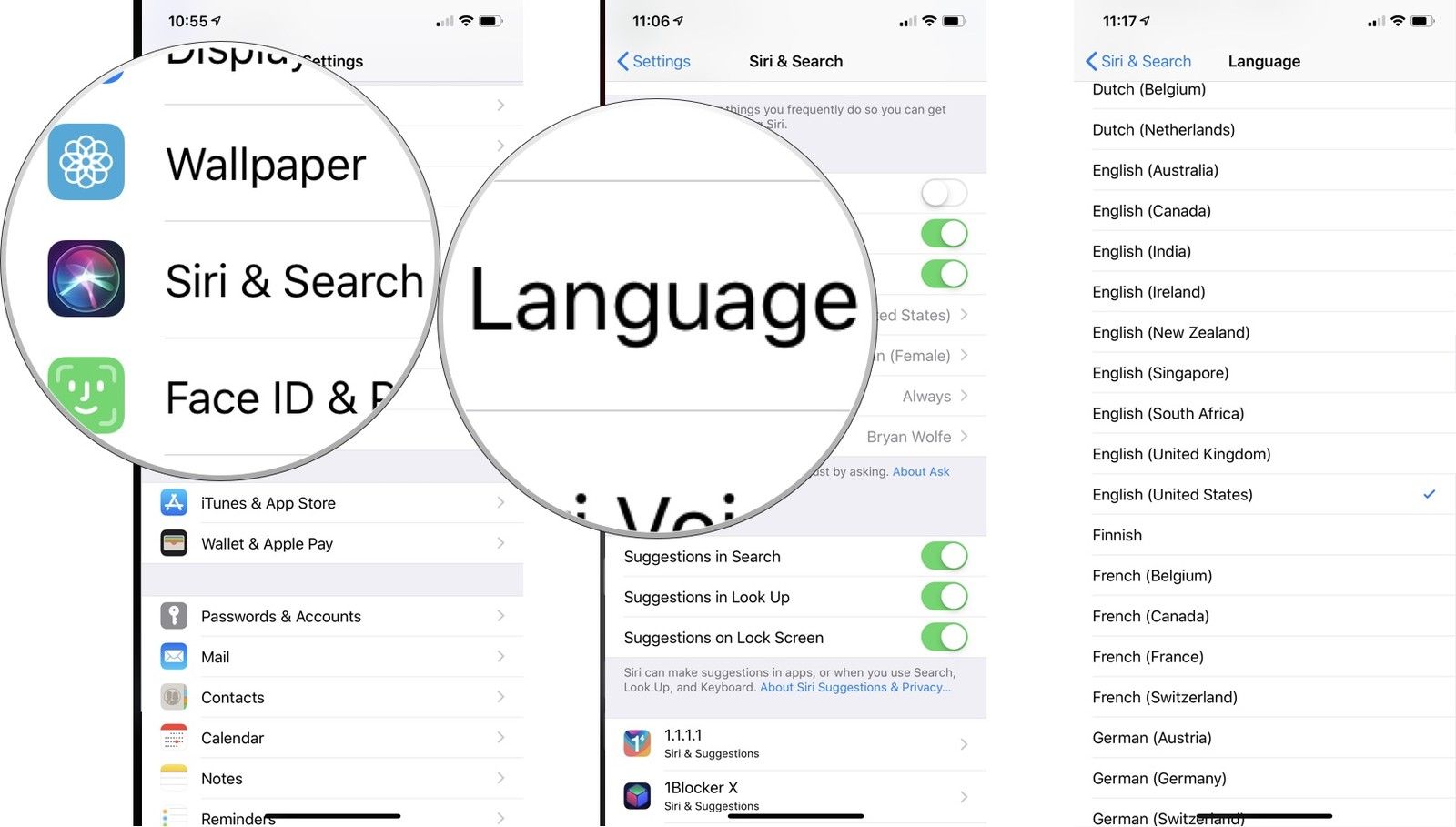 изменить язык Сири