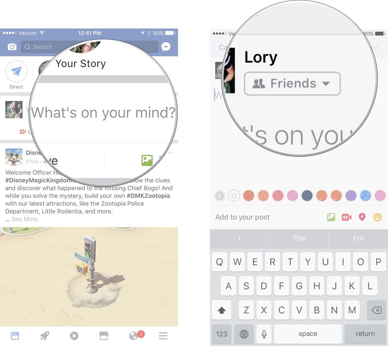 Нажмите на поле обновления статуса, затем нажмите на выпадающее меню