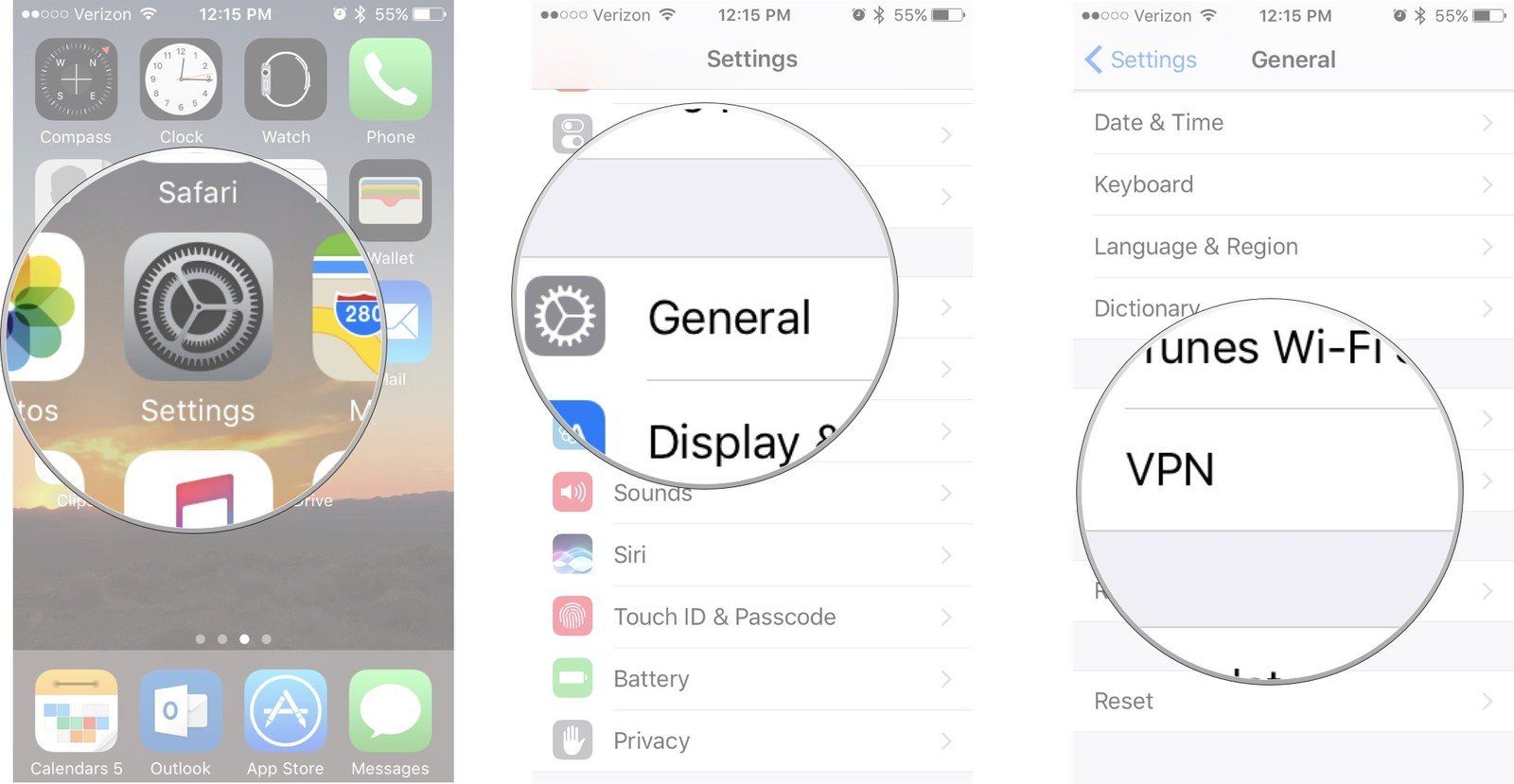 Откройте Настройки, затем нажмите Общие, затем нажмите VPN