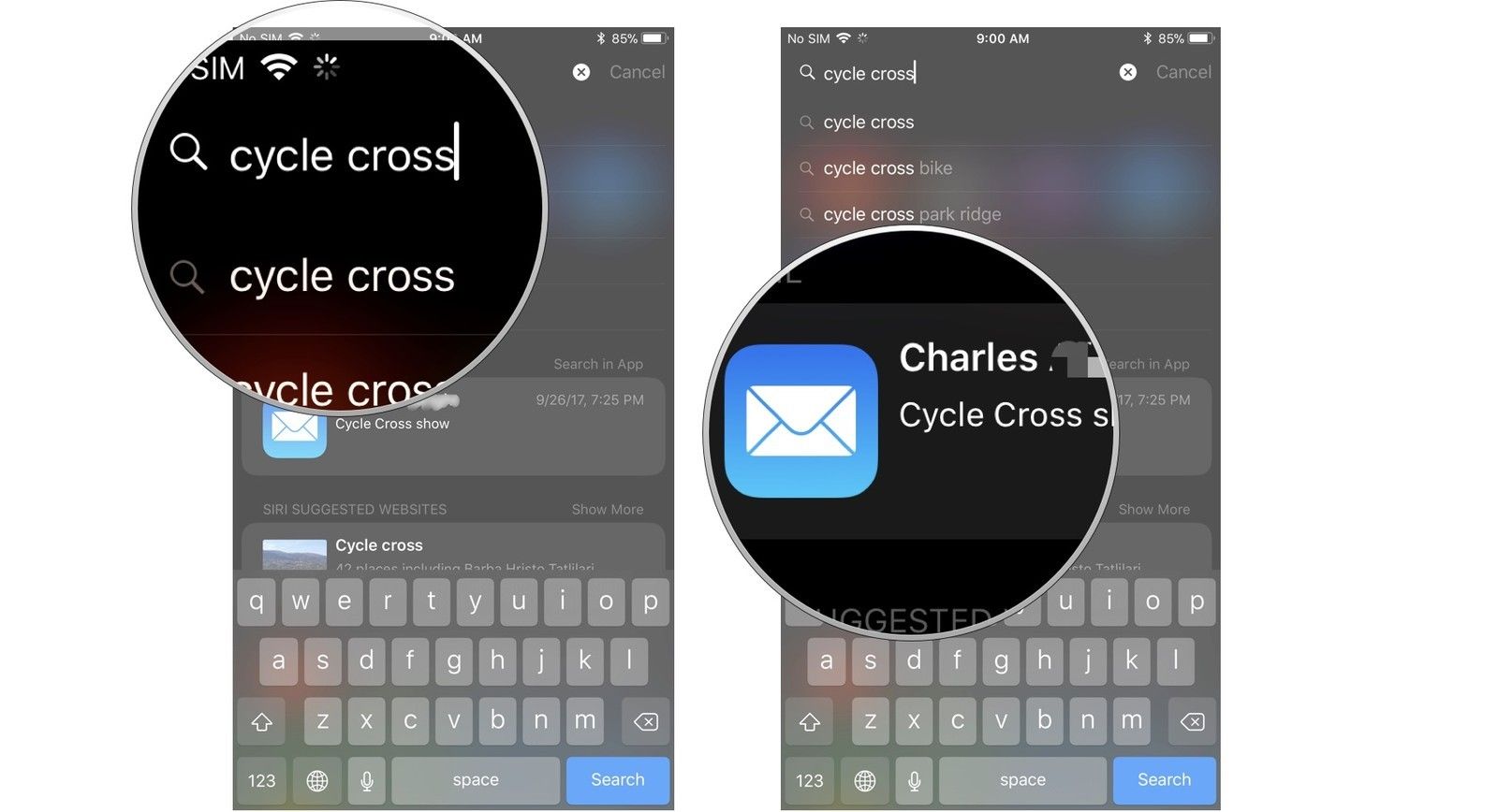 Нажмите на текстовое поле, введите запрос, затем выберите результат