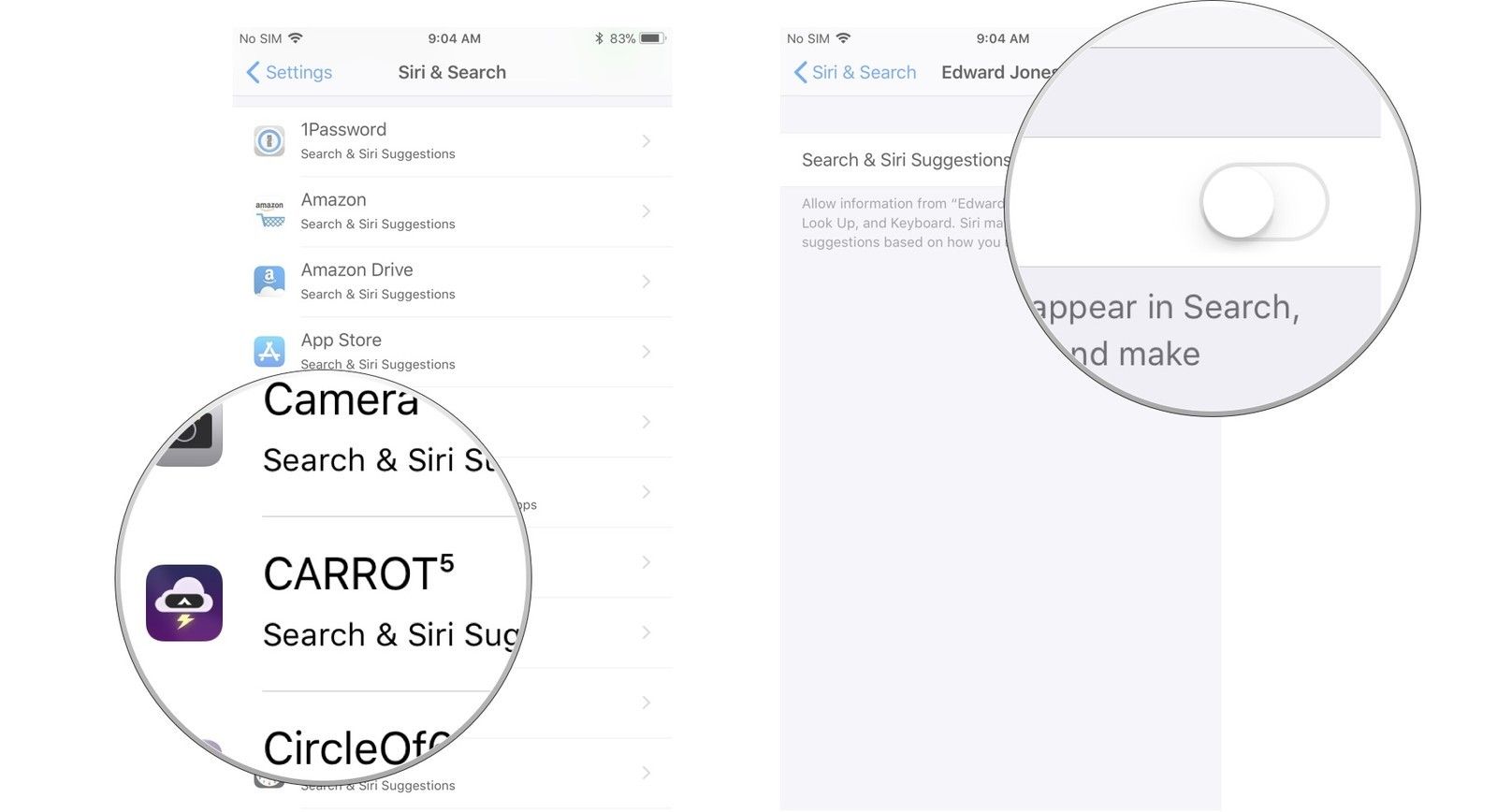 Нажмите на приложение, затем отключите Siri и поиск