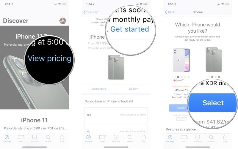 Запустите приложение Apple Store, нажмите «Просмотр цен», нажмите «Начать», а затем нажмите «Выбрать» на нужной модели.