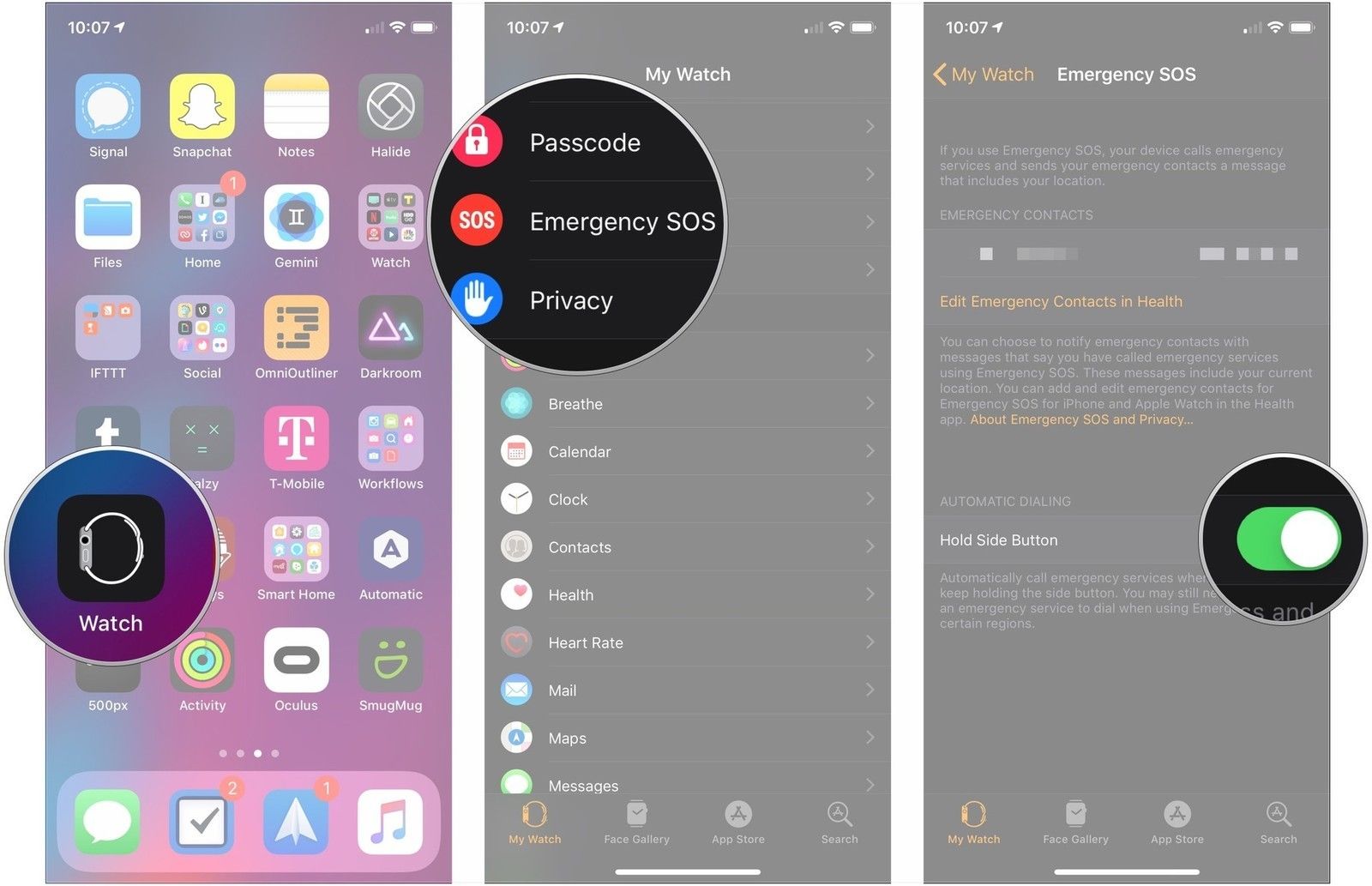 Откройте Watch, нажмите Emergency SOS, нажмите переключатель
