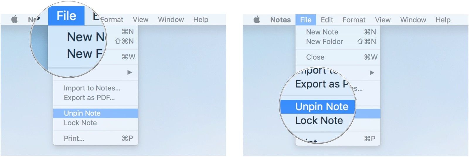 Нажмите File, затем нажмите Unpin Note