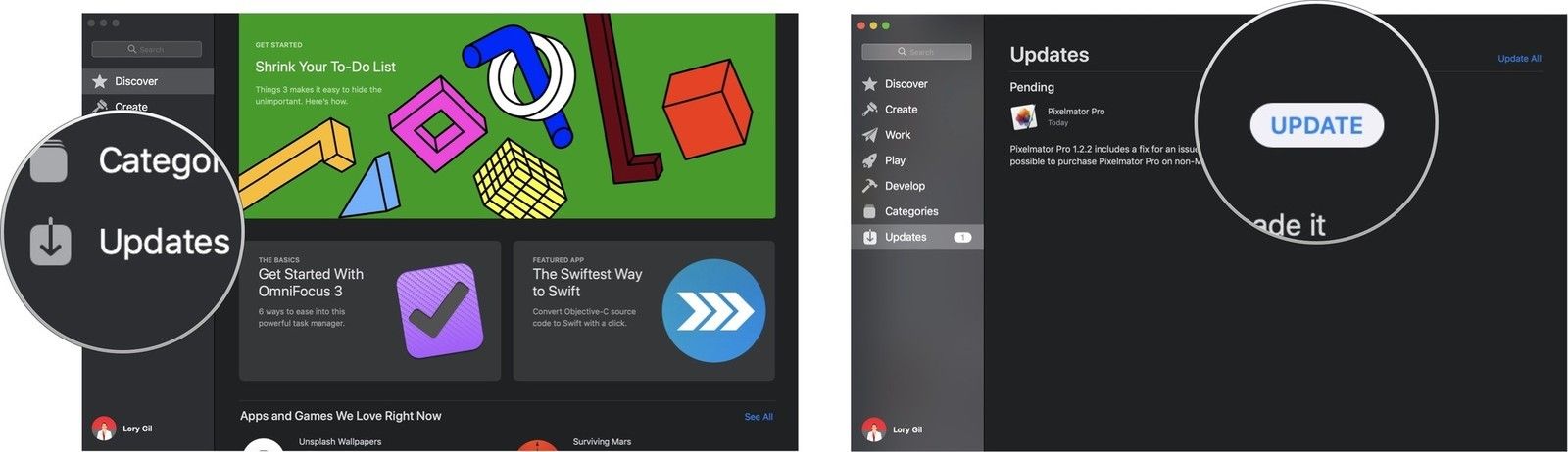 Нажмите на Обновления, затем нажмите Обновить или Обновить все