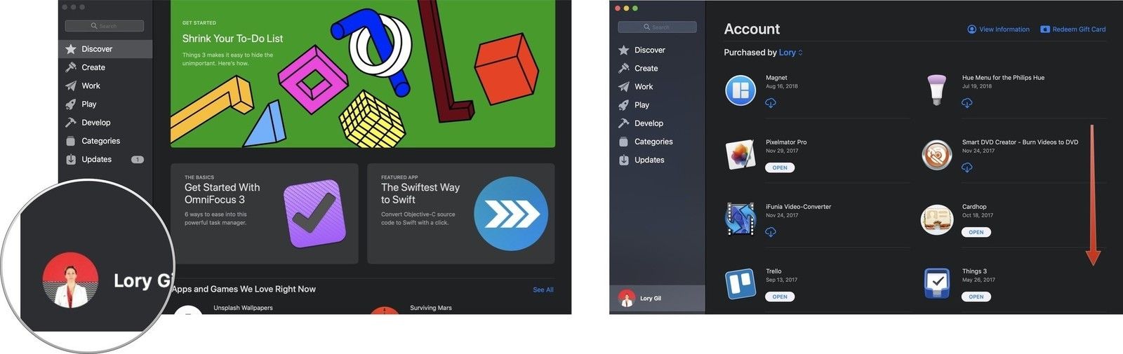 Нажмите на свой профиль, а затем прокрутите историю приложения