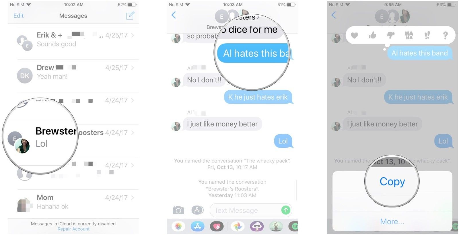 Нажмите на разговор, нажмите и удерживайте сообщение, нажмите &laquo;Копировать&raquo;.