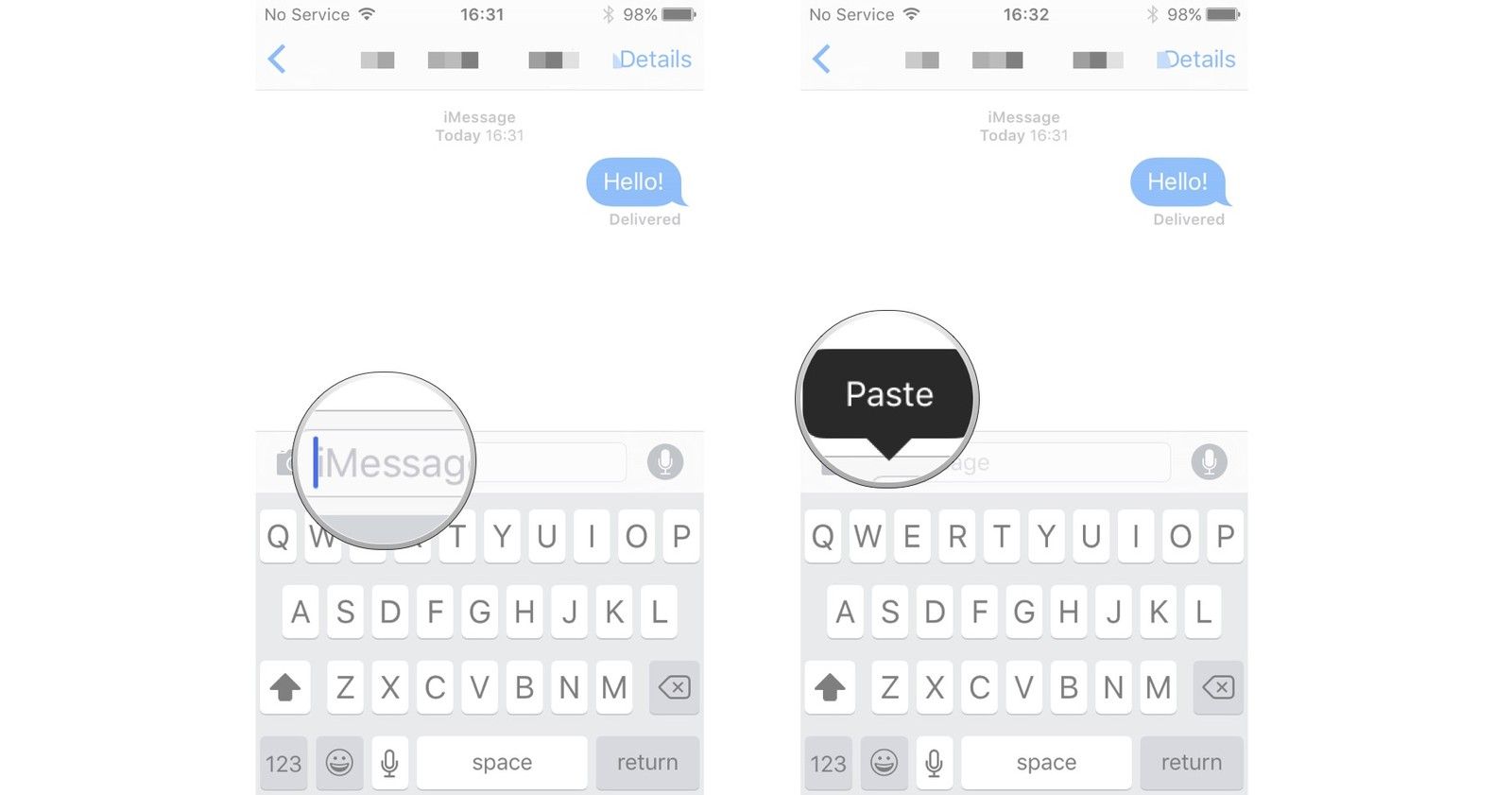 Нажмите и удерживайте поле сообщения, нажмите вставить