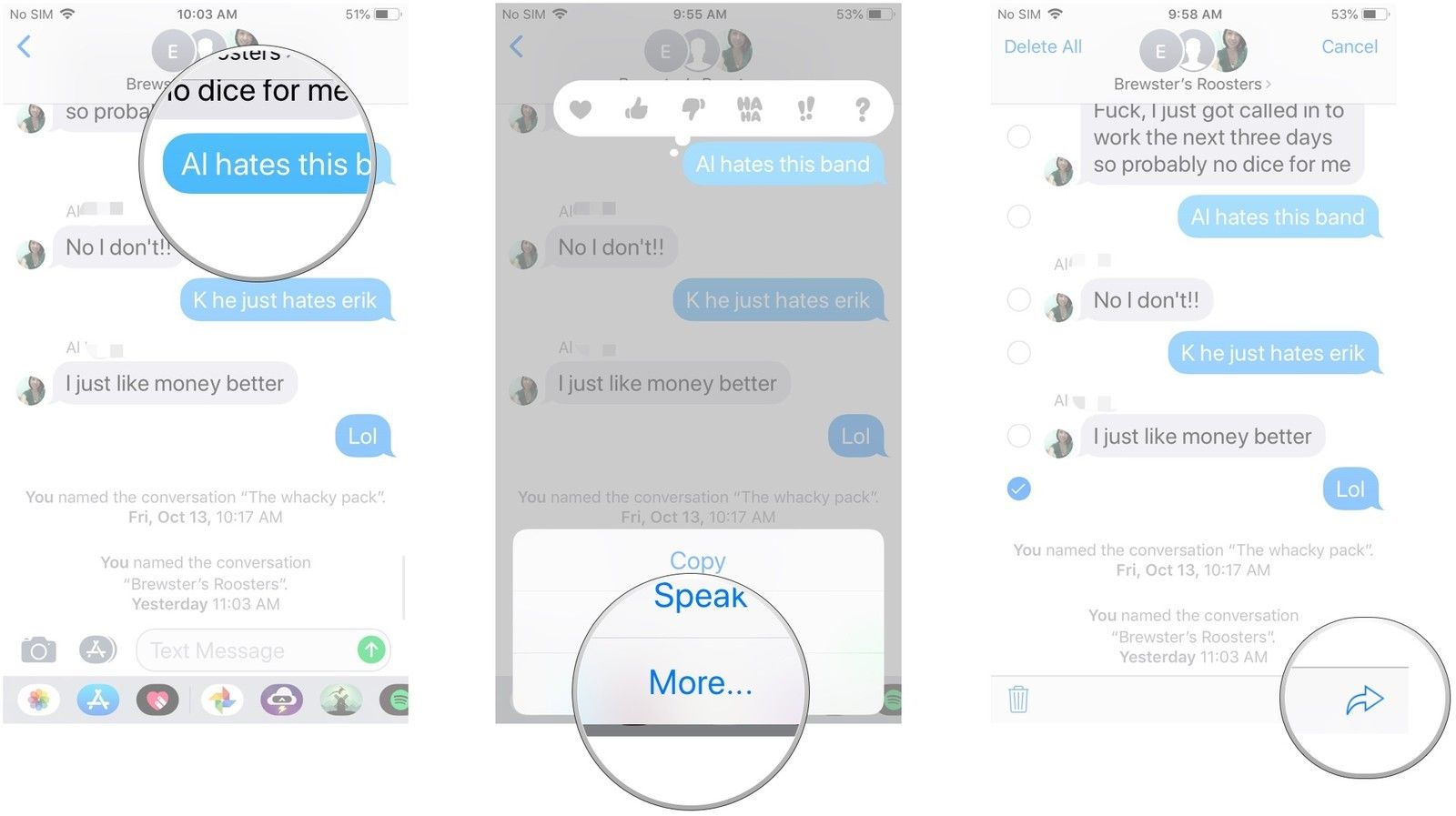 Нажмите на разговор, нажмите и удерживайте сообщение, нажмите Еще ..., нажмите кнопку пересылки