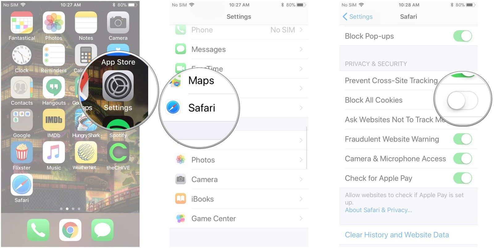 Запустите «Настройки», нажмите «Safari», нажмите переключатель рядом с «Блокировать все файлы cookie».