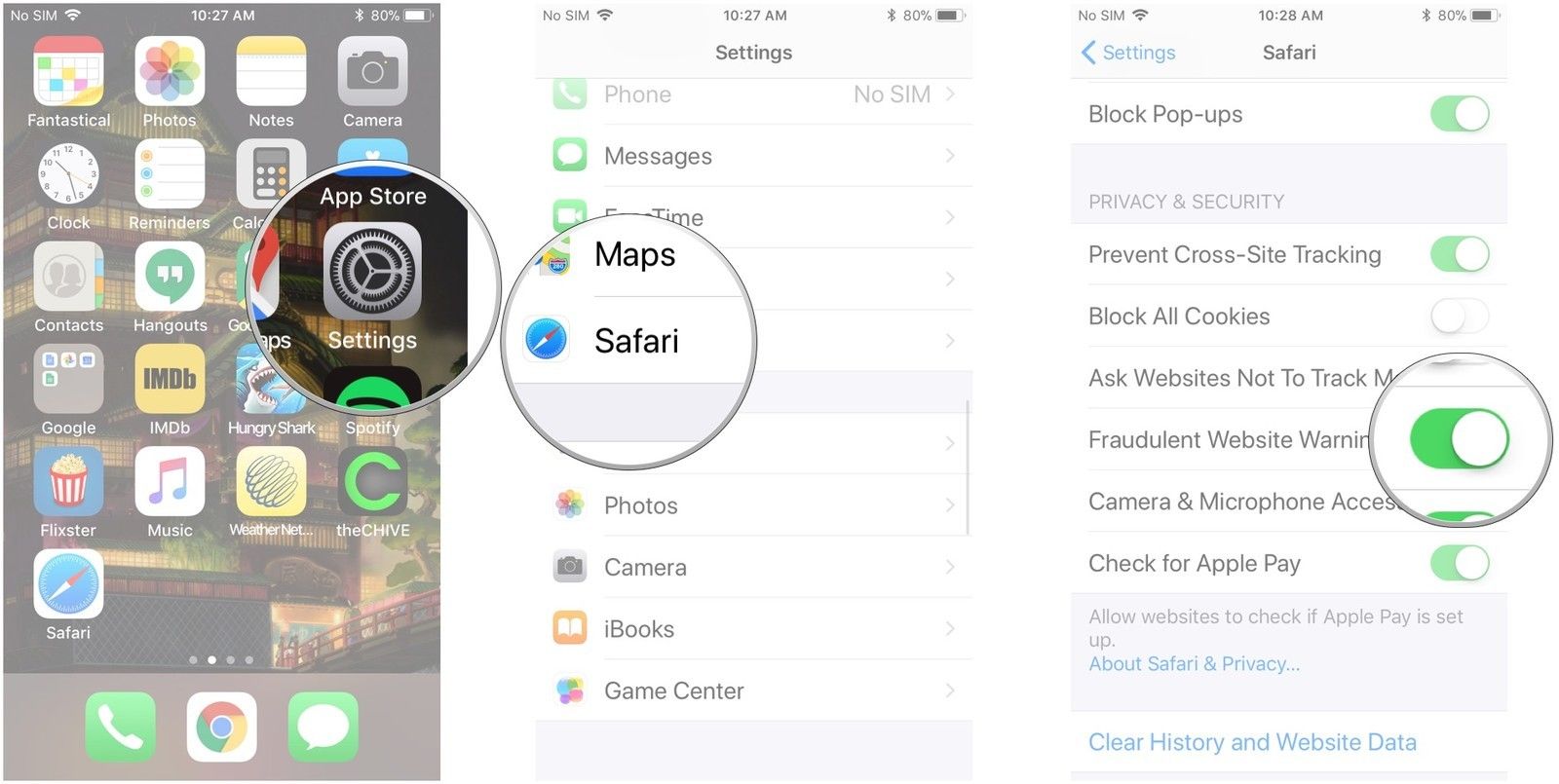 Запустите «Настройки», нажмите «Safari», нажмите переключатель рядом с «Предупреждение о мошенническом веб-сайте».