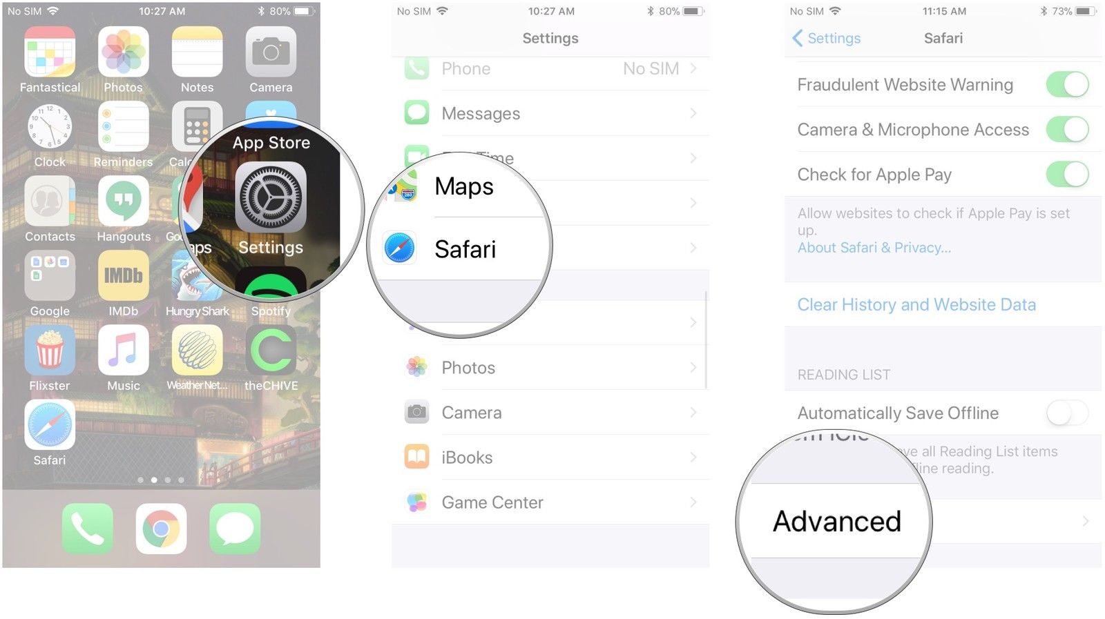 Запустите настройки, нажмите Safari, нажмите «Дополнительно»