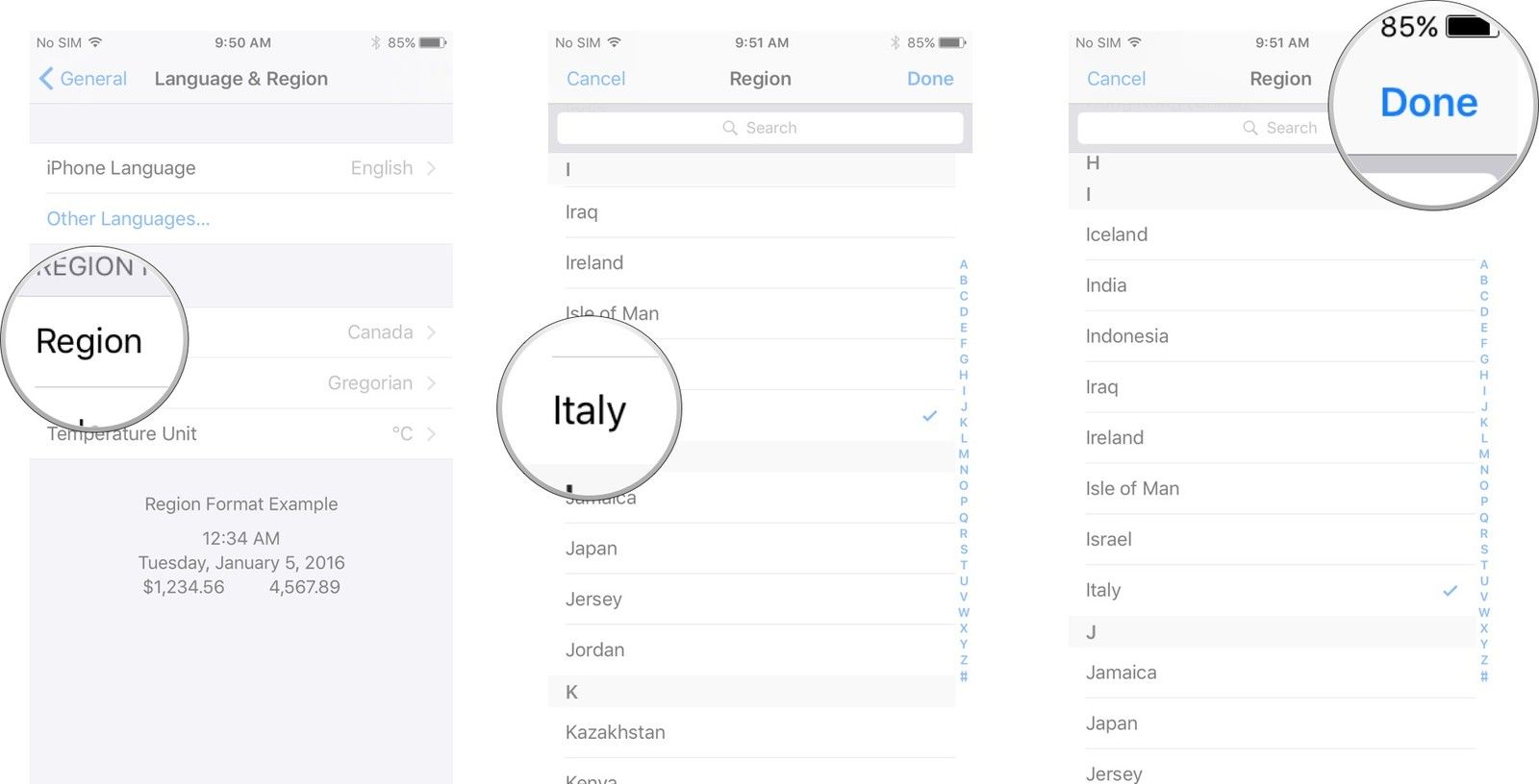 Нажмите «Регион», а затем нажмите на регион, который вы хотите выбрать. Нажмите готово.