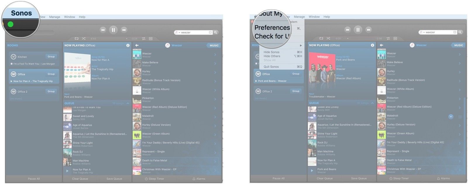 Нажмите Sonos, нажмите Настройки