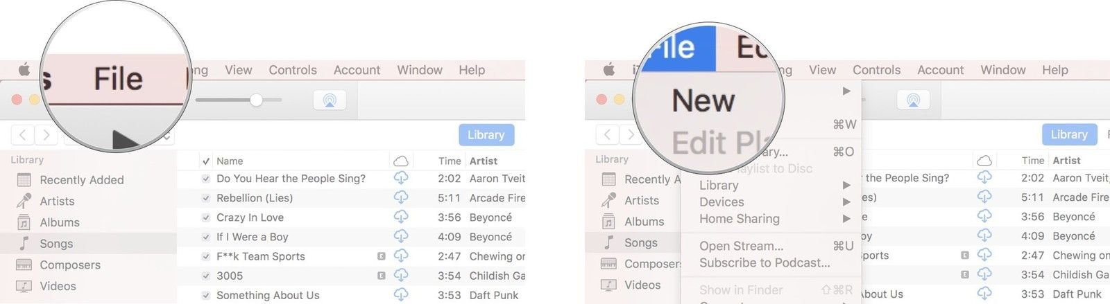 Запустите iTunes на вашем Mac, нажмите «Файл» в верхней части меню и наведите курсор на «Новый».