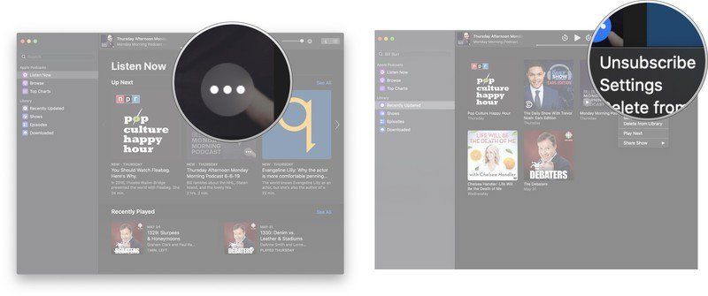 Запустите приложение «Подкасты», найдите подкаст, от которого хотите отказаться, и наведите курсор на фотографию подкаста, пока не появятся кнопки воспроизведения и настройки.