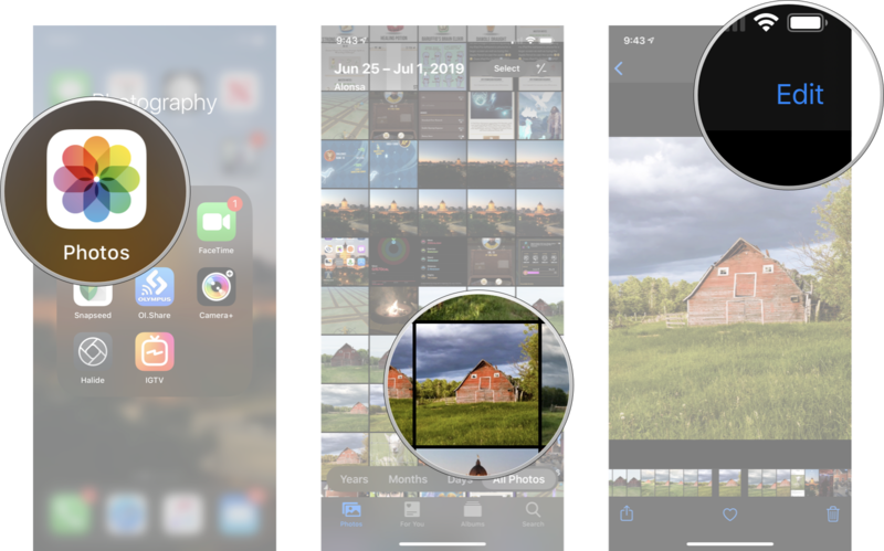 Запустите приложение «Фотографии» на главном экране. нажмите на фотографию, которую хотите отредактировать, а затем нажмите «Изменить» в правом верхнем углу.