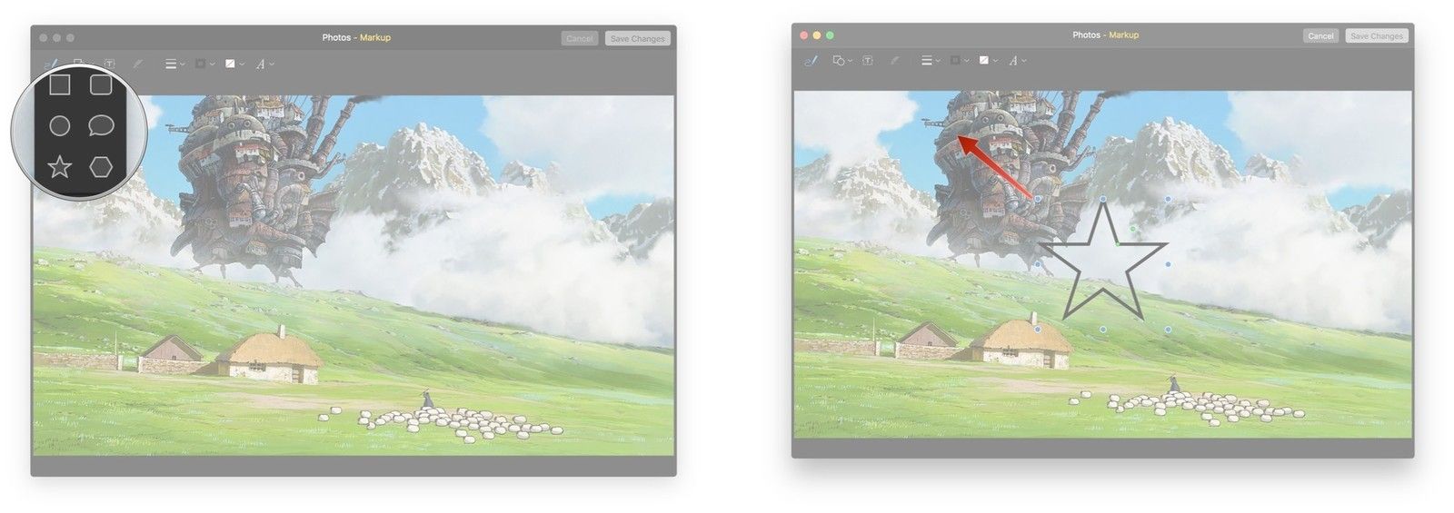 Нажмите кнопку «Фигуры», выберите фигуру, нажмите и перетащите синие точки, чтобы изменить ее размер.