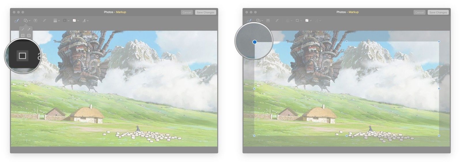 Нажмите кнопку «Фигуры», щелкните прямоугольник внутри прямоугольника, нажмите и перетащите синие точки, чтобы настроить его размер.