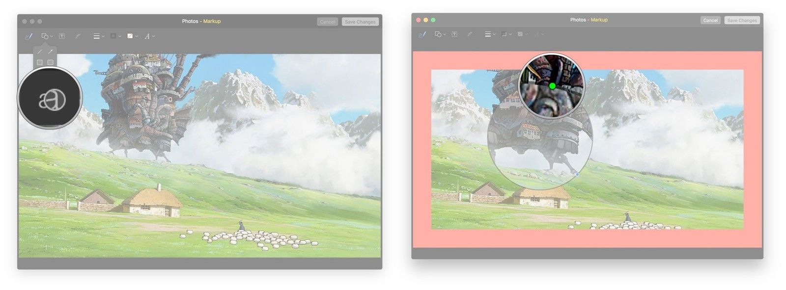 Нажмите кнопку «Фигуры», нажмите кнопку выноски, нажмите и перетащите синюю точку, чтобы изменить размер выноски, нажмите и перетащите зеленую точку, чтобы настроить увеличение