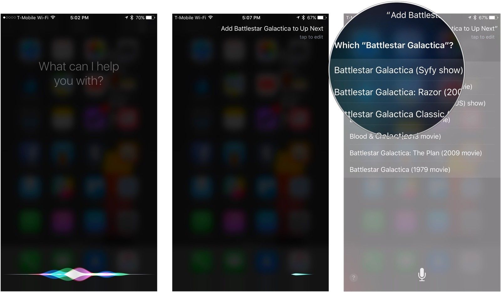 Активируйте Siri, добавьте вверх, затем выберите нужное шоу